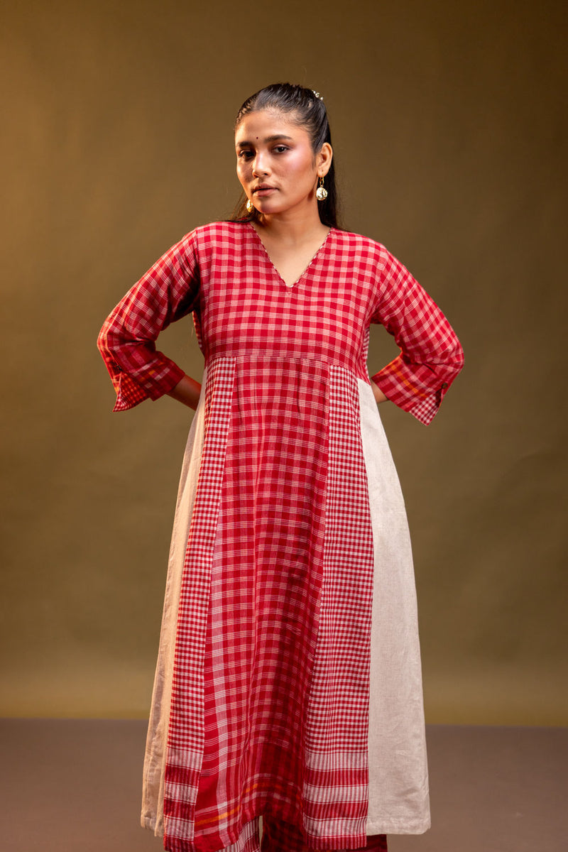Ardor Panelled Dress + Palazzo (Set) cotton, gamcha co-ord set by 145 East in red, white for women Worldwide