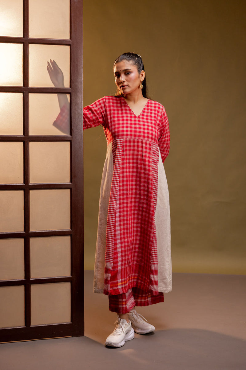 Ardor Panelled Dress + Palazzo (Set) cotton, gamcha co-ord set by 145 East in red, white for women Worldwide