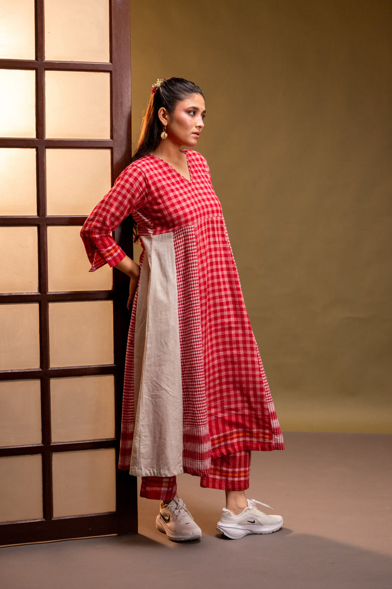 Ardor Panelled Dress + Palazzo (Set) cotton, gamcha co-ord set by 145 East in red, white for women Worldwide