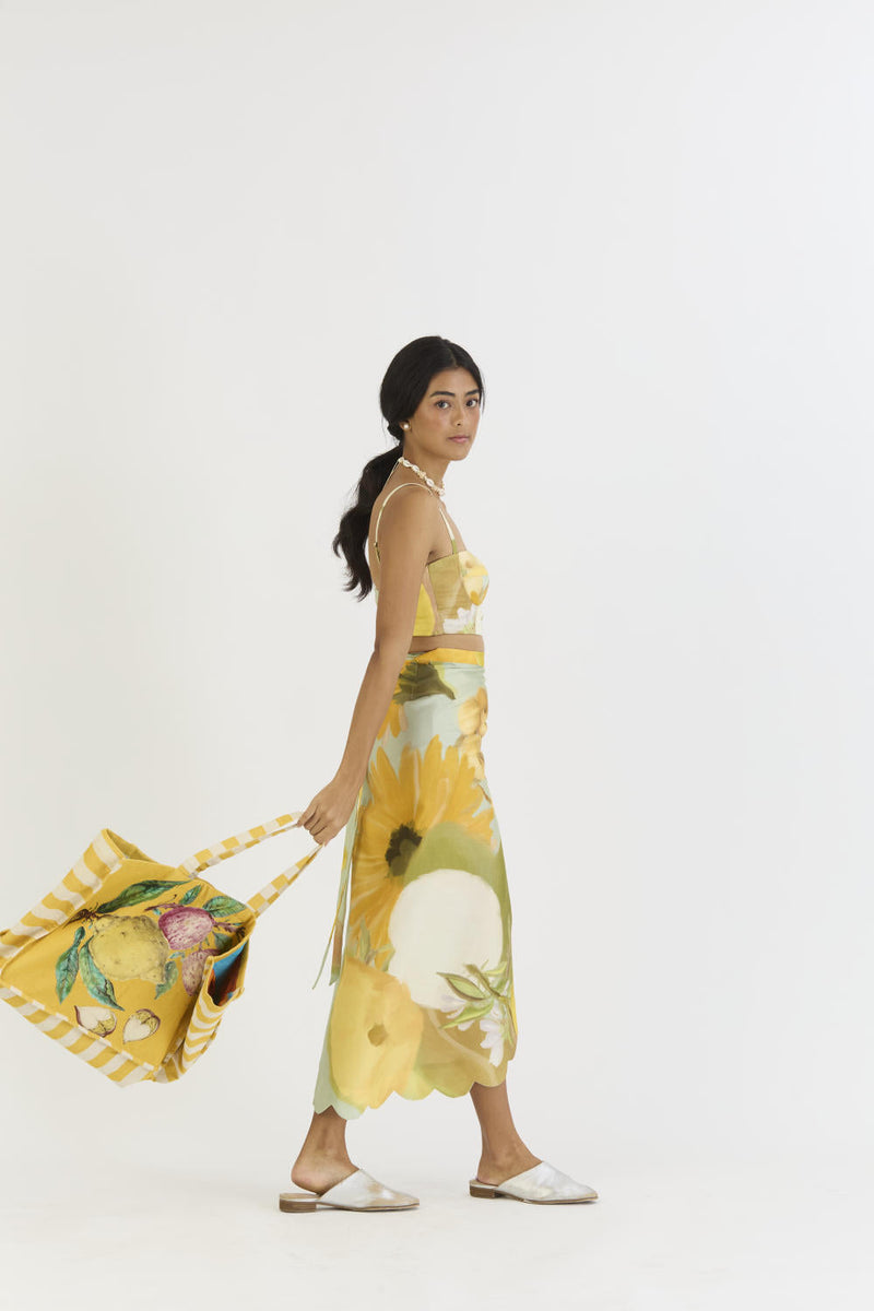 LEMONADE BRALETTE & SCALLOP SKIRT SET satin by Yam in yellow color for women Worldwide