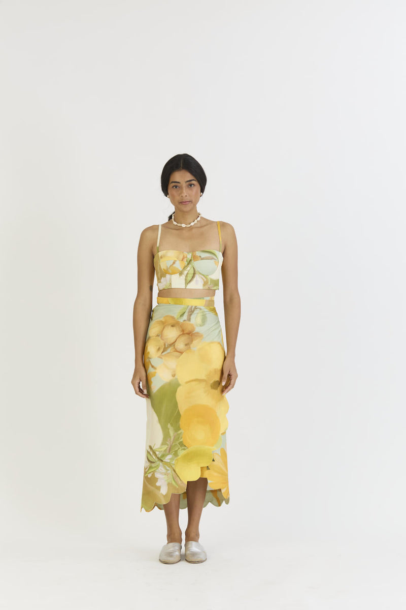 LEMONADE BRALETTE & SCALLOP SKIRT SET satin by Yam in yellow color for women Worldwide