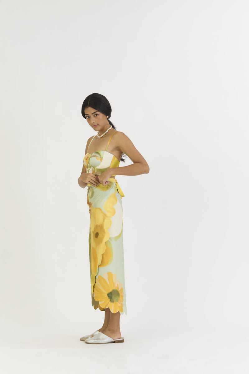 LEMONADE BRALETTE & SCALLOP SKIRT SET satin by Yam in yellow color for women Worldwide