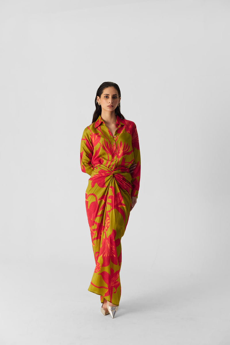 LIAN LIME SHIRT & SKIRT SET silk by Yam in multi color for women Worldwide