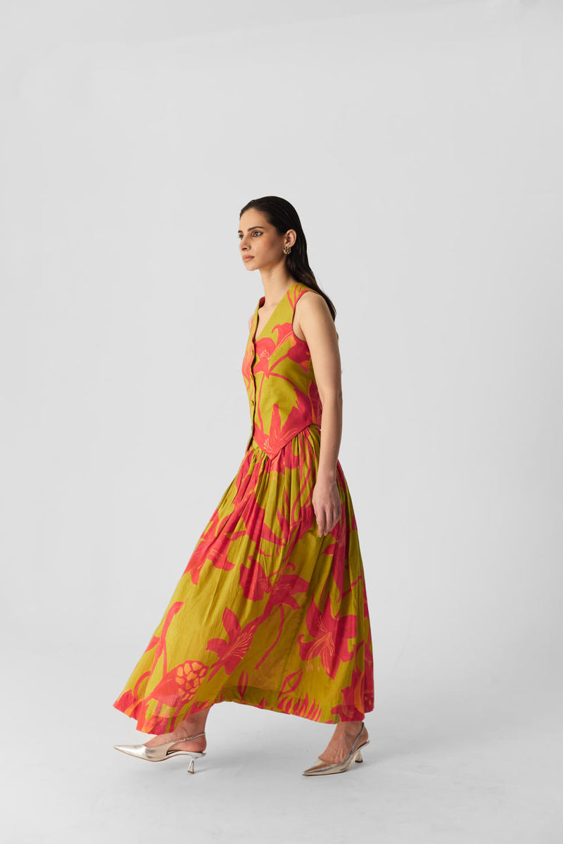 LIAN LIME WAISTCOAT & SKIRT SET cotton by Yam in multi color for women Worldwide