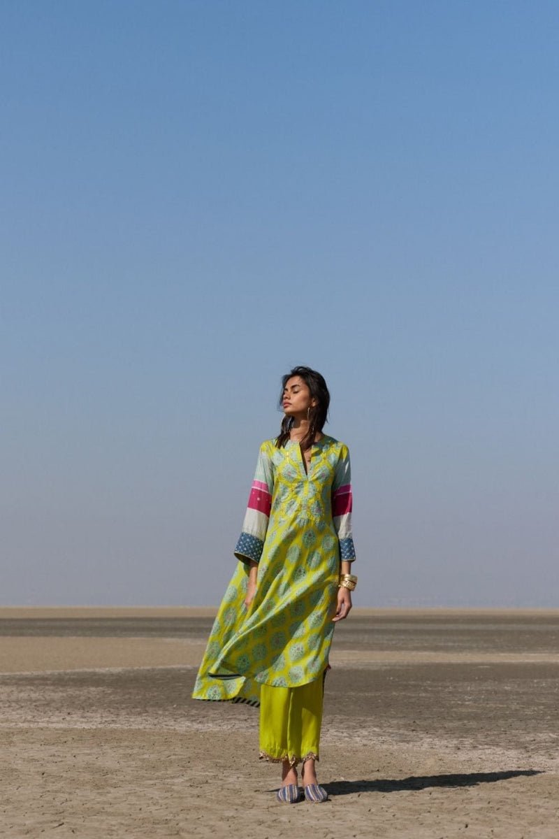 LIME PRINTED SILK BACK PLEAT KURTA SET Kurta Sets by Rajiramniq for women Worldwide