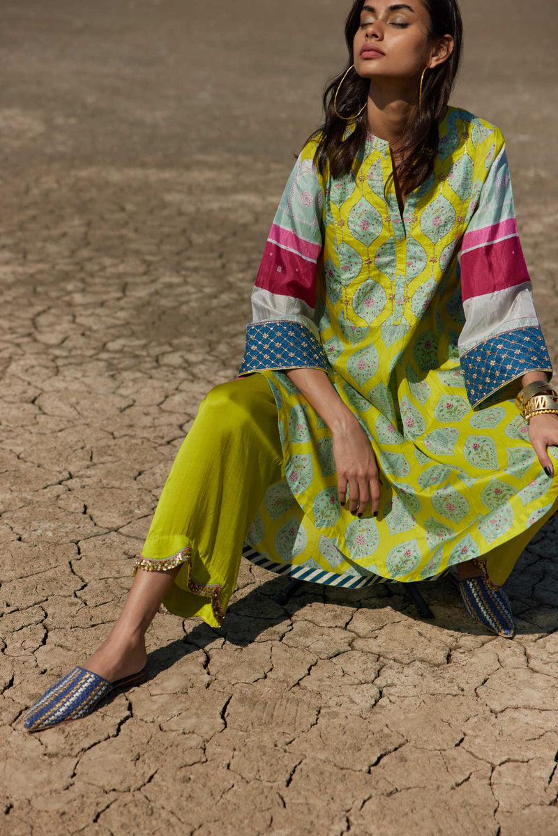 LIME PRINTED SILK BACK PLEAT KURTA SET Kurta Sets by Rajiramniq for women Worldwide