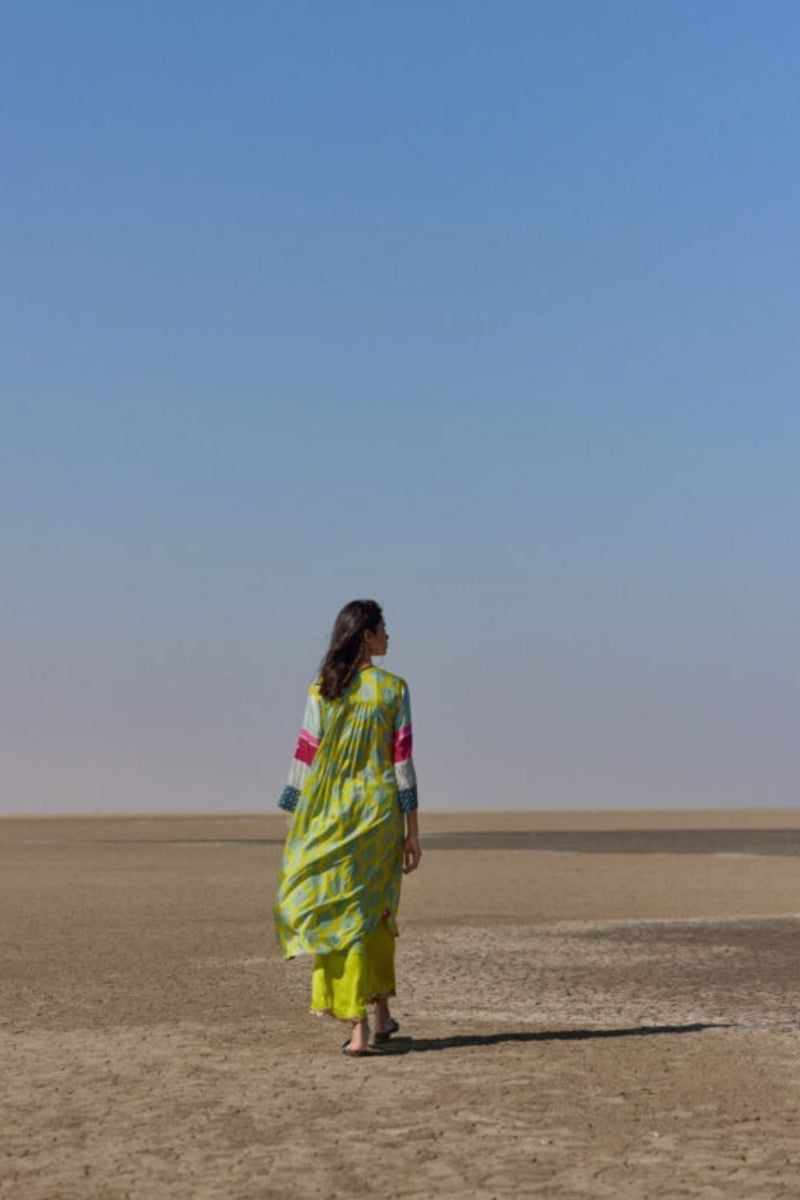 LIME PRINTED SILK BACK PLEAT KURTA SET Kurta Sets by Rajiramniq for women Worldwide
