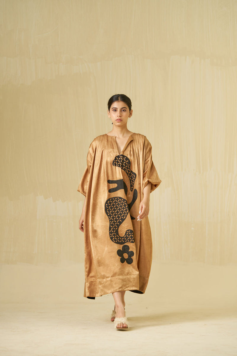 Love Bug Dress-Gold + Black mashru silk dress by Stoique in gold, black for women Worldwide