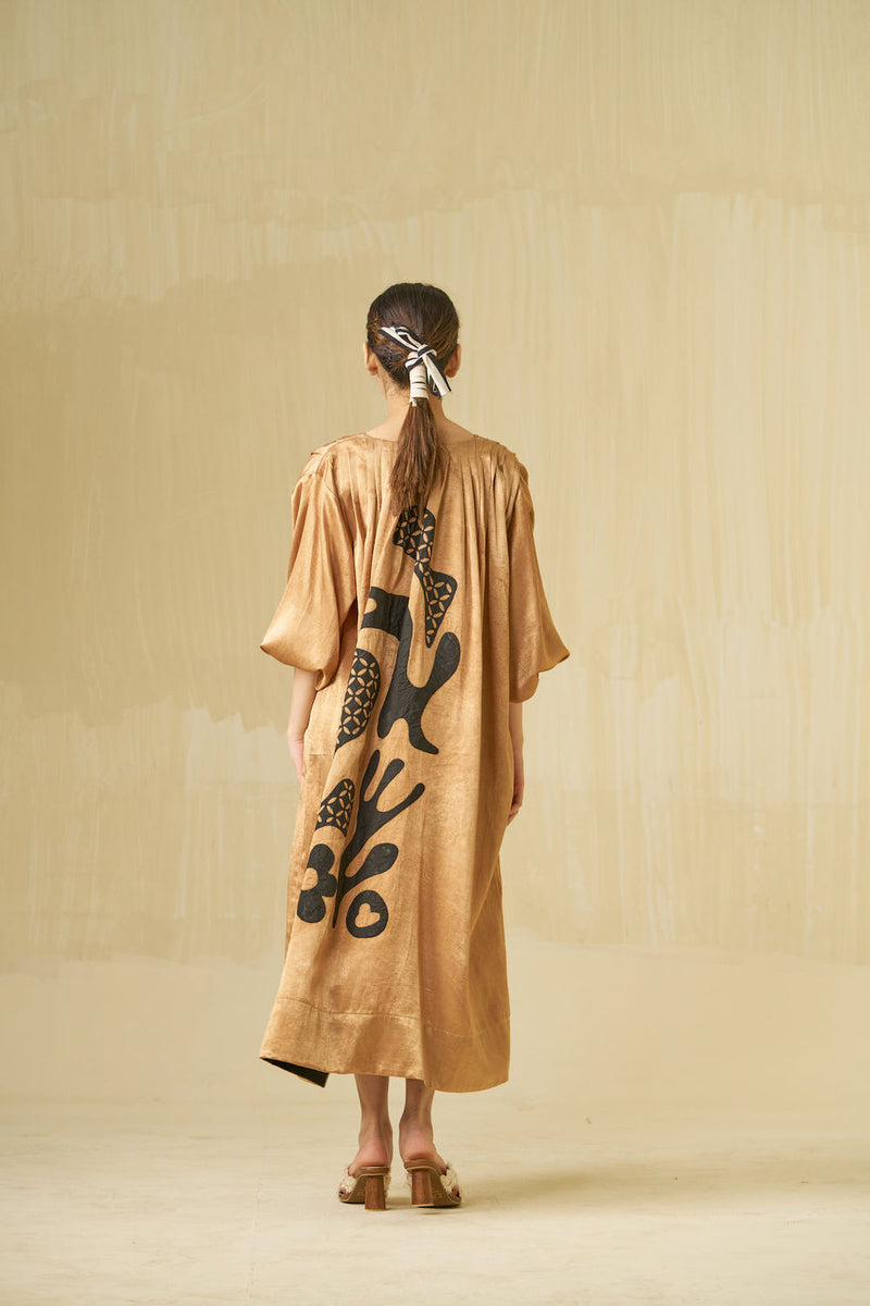 Love Bug Dress-Gold + Black mashru silk dress by Stoique in gold, black for women Worldwide