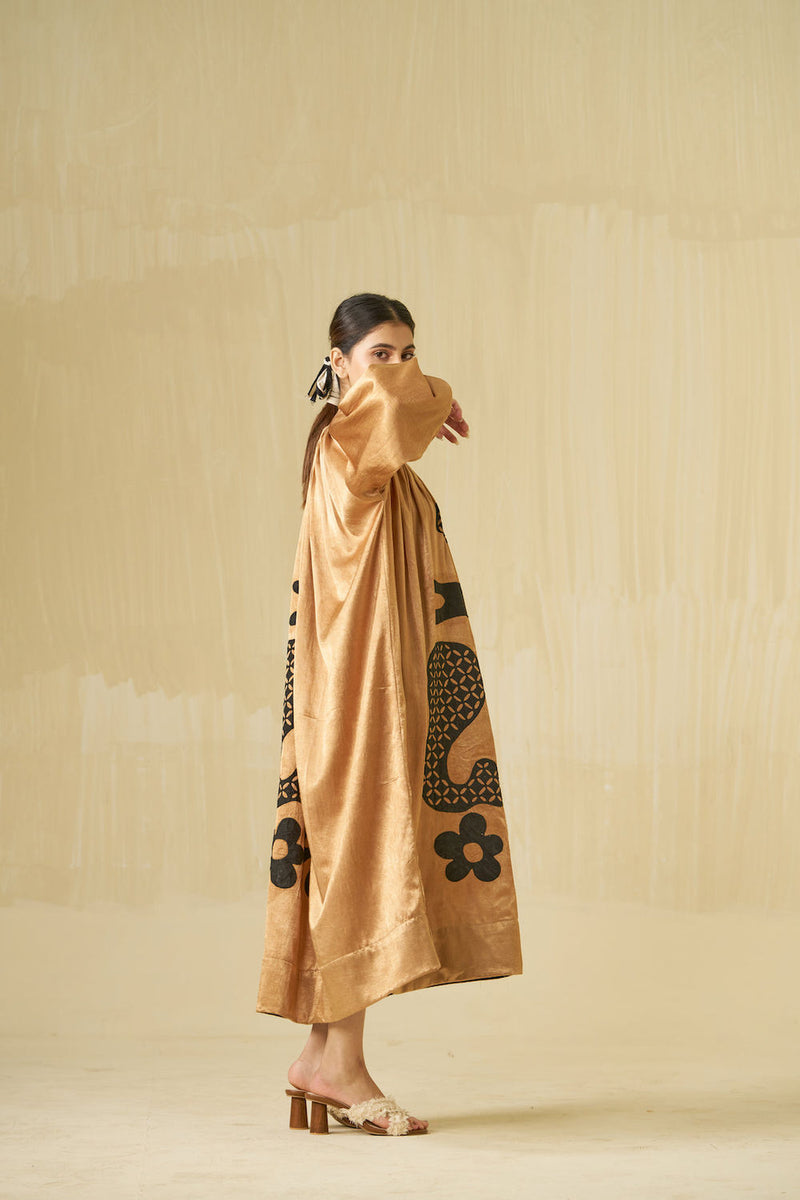 Love Bug Dress-Gold + Black mashru silk dress by Stoique in gold, black for women Worldwide