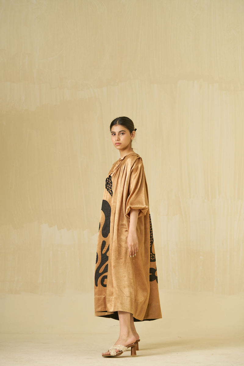 Love Bug Dress-Gold + Black mashru silk dress by Stoique in gold, black for women Worldwide