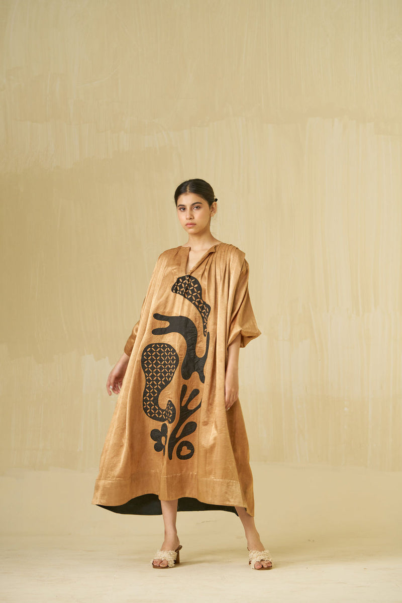 Love Bug Dress-Gold + Black mashru silk dress by Stoique in gold, black for women Worldwide