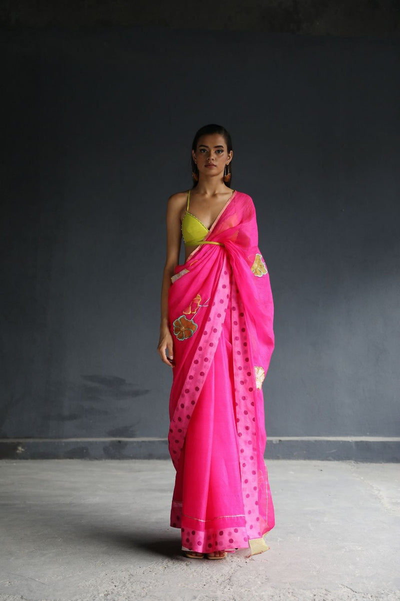 LOVE TO DOT HOT PINK FLORAL KOTA SARI Sarees by Rajiramniq for women Worldwide
