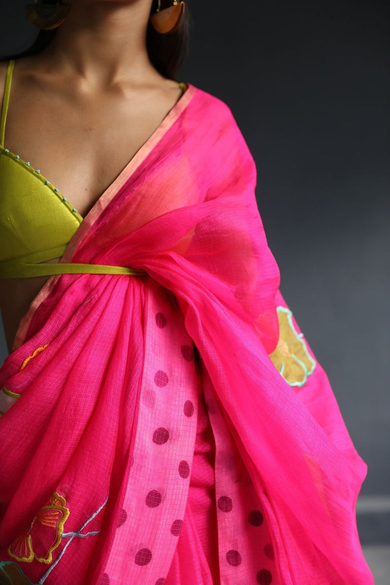 LOVE TO DOT HOT PINK FLORAL KOTA SARI Sarees by Rajiramniq for women Worldwide