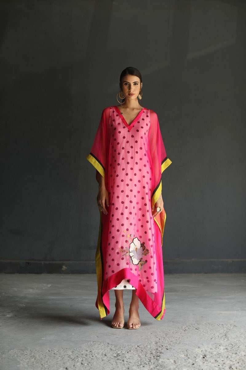 LOVE TO DOT HOT PINK FLOWER ORGANZA KAFTAN Top & Tunics,Kurta Sets,Dress by Rajiramniq for women Worldwide