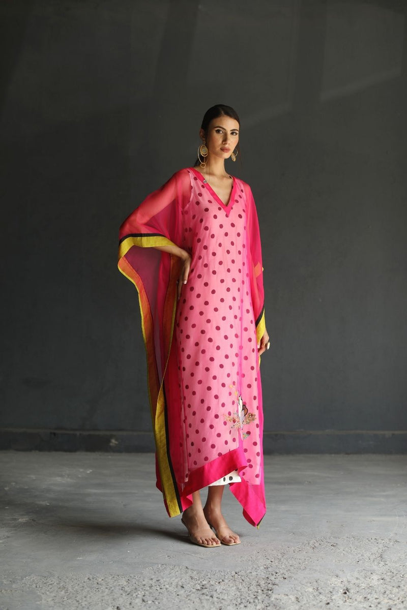 LOVE TO DOT HOT PINK FLOWER ORGANZA KAFTAN Top & Tunics,Kurta Sets,Dress by Rajiramniq for women Worldwide