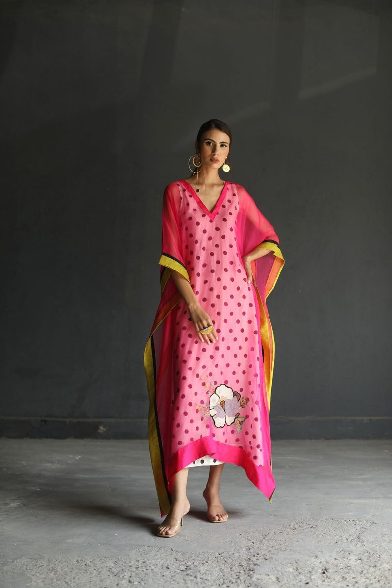LOVE TO DOT HOT PINK FLOWER ORGANZA KAFTAN Top & Tunics,Kurta Sets,Dress by Rajiramniq for women Worldwide