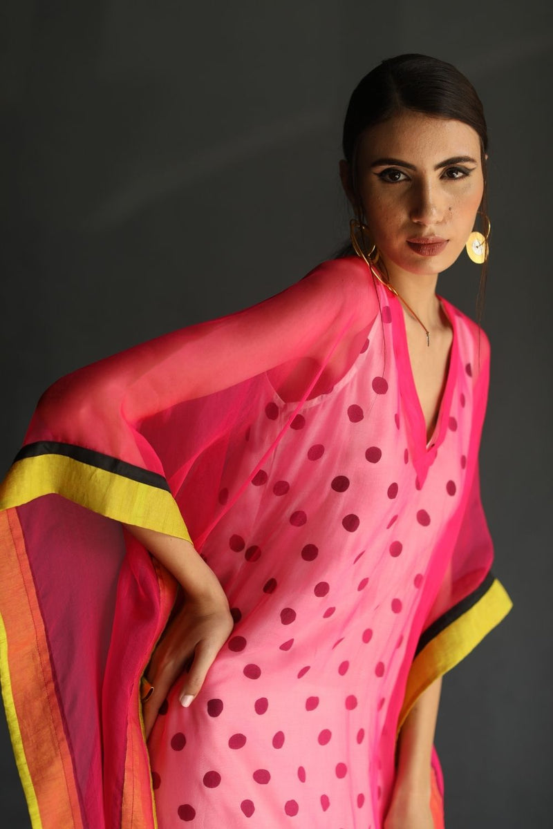 LOVE TO DOT HOT PINK FLOWER ORGANZA KAFTAN Top & Tunics,Kurta Sets,Dress by Rajiramniq for women Worldwide