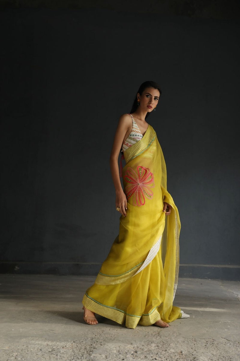 LOVE TO DOT YELLOW FLOWER ORGANZA SARI Sarees by Rajiramniq for women Worldwide