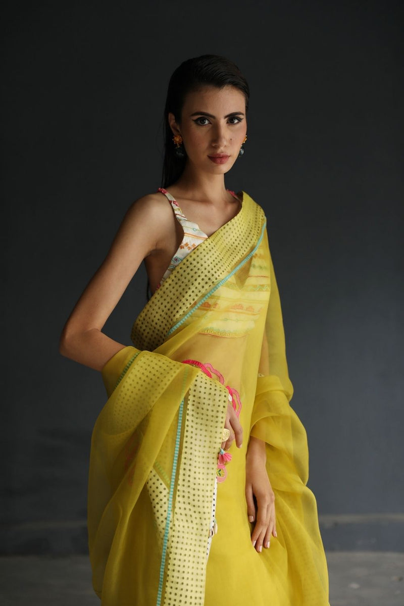 LOVE TO DOT YELLOW FLOWER ORGANZA SARI Sarees by Rajiramniq for women Worldwide