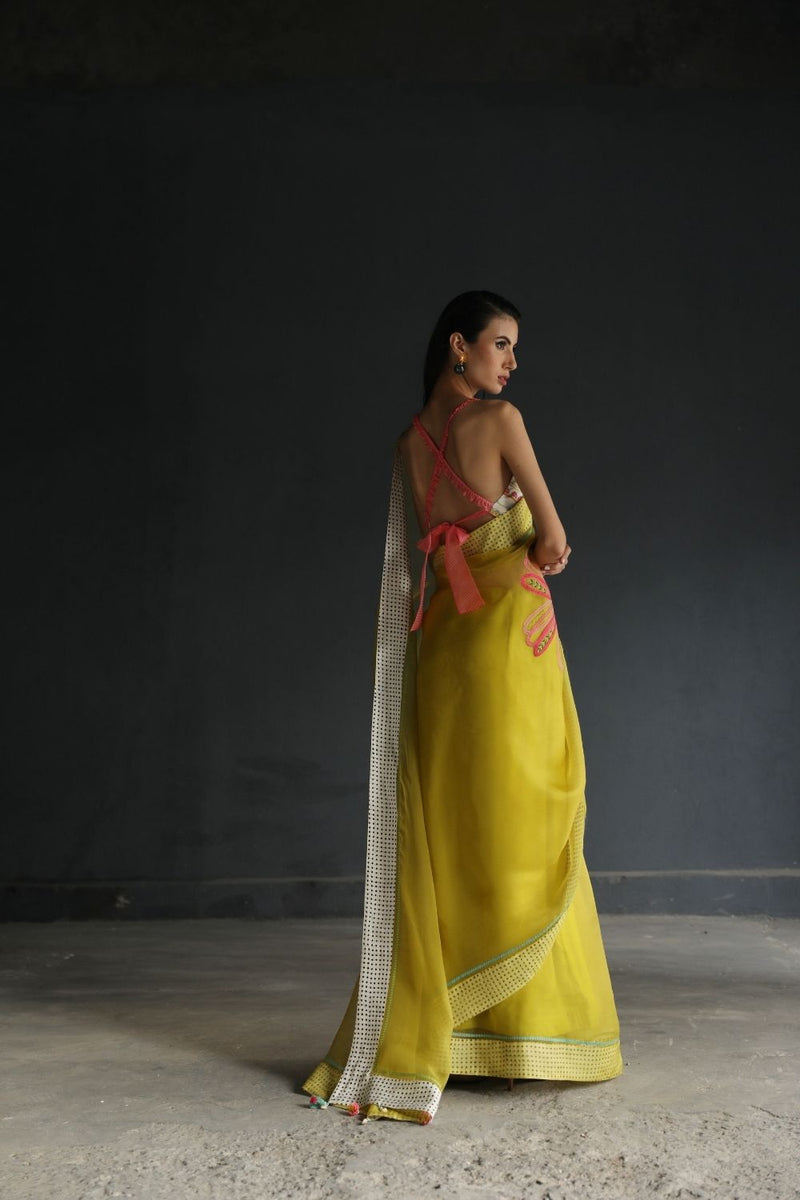 LOVE TO DOT YELLOW FLOWER ORGANZA SARI Sarees by Rajiramniq for women Worldwide