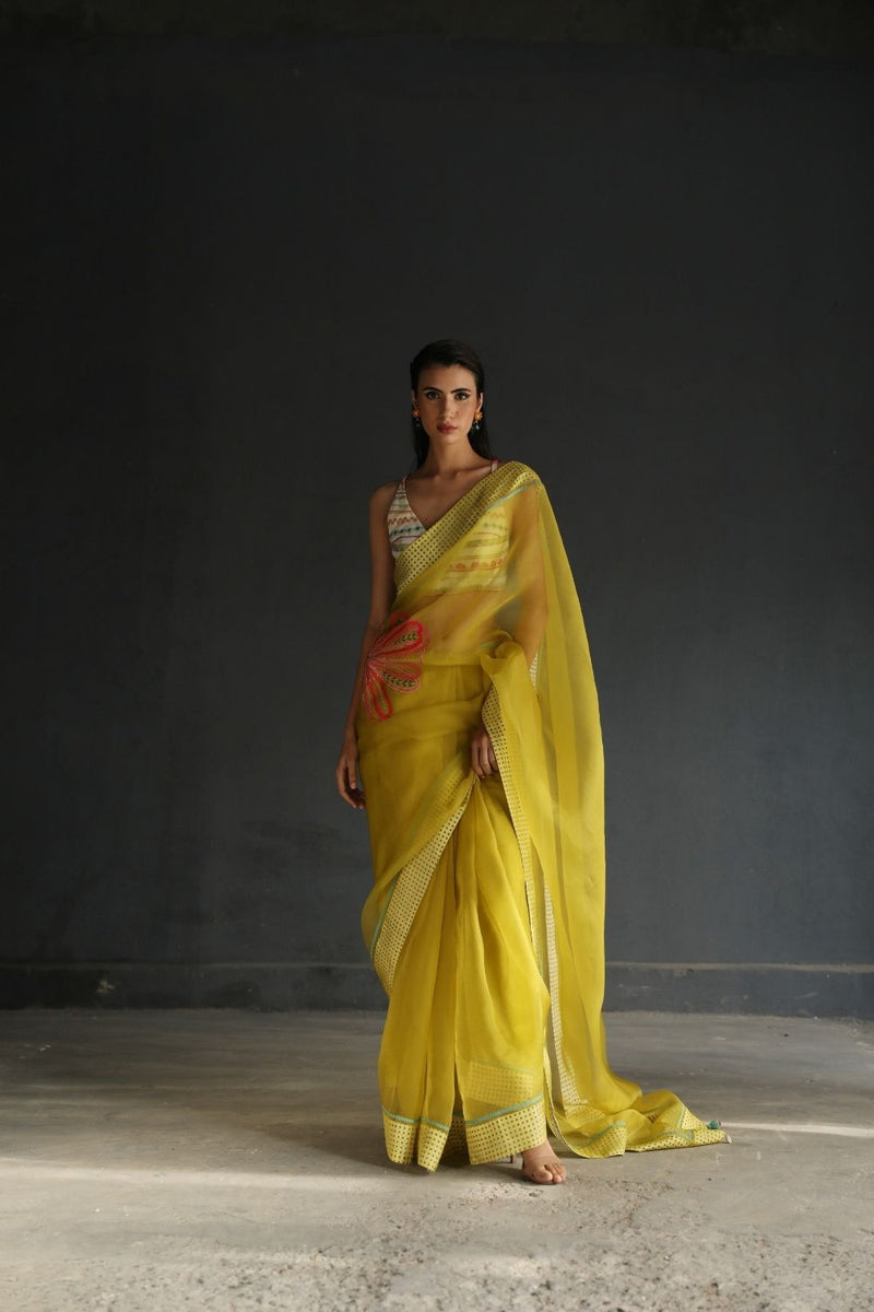 LOVE TO DOT YELLOW FLOWER ORGANZA SARI Sarees by Rajiramniq for women Worldwide