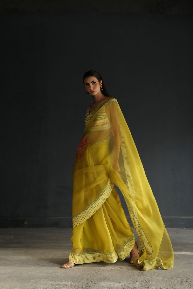 LOVE TO DOT YELLOW FLOWER ORGANZA SARI Sarees by Rajiramniq for women Worldwide
