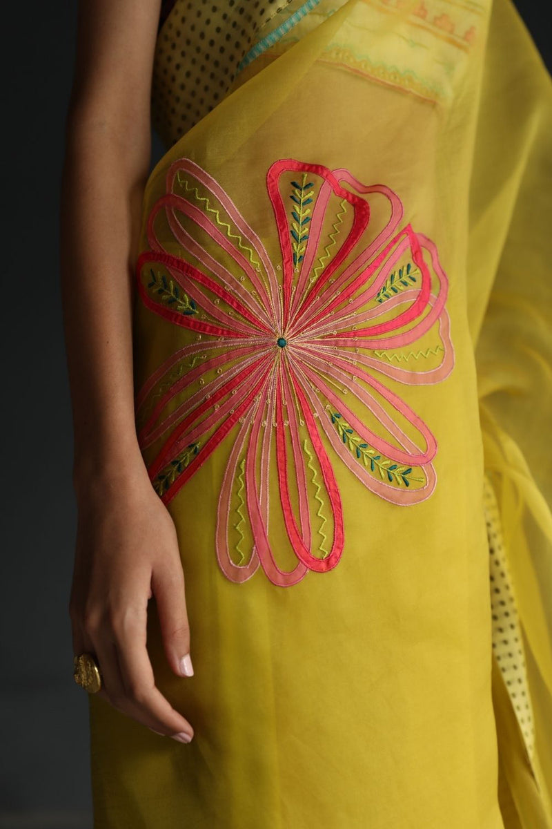 LOVE TO DOT YELLOW FLOWER ORGANZA SARI Sarees by Rajiramniq for women Worldwide
