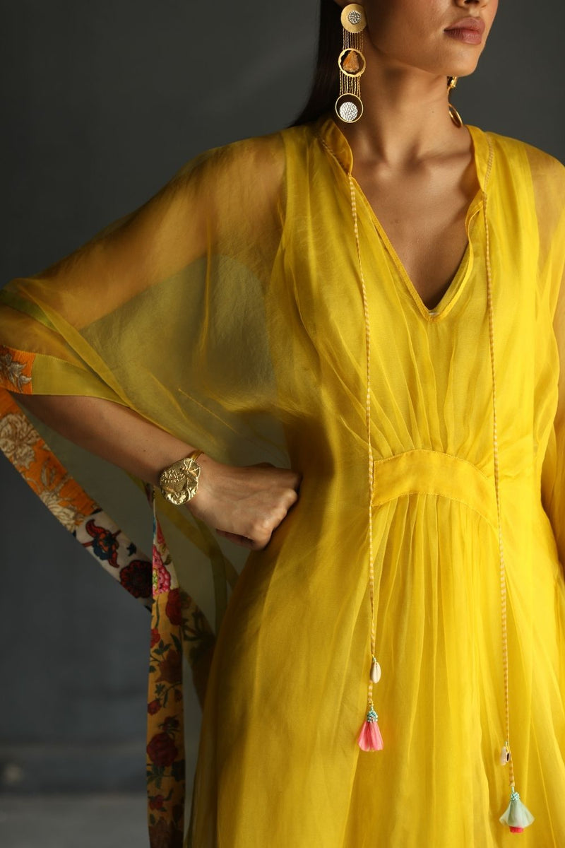 LOVE TO DOT YELLOW ORGANZA KAFTAN Top & Tunics,Kurta Sets by Rajiramniq for women Worldwide