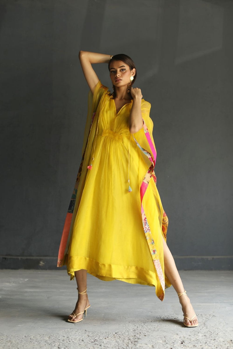 LOVE TO DOT YELLOW ORGANZA KAFTAN Top & Tunics,Kurta Sets by Rajiramniq for women Worldwide
