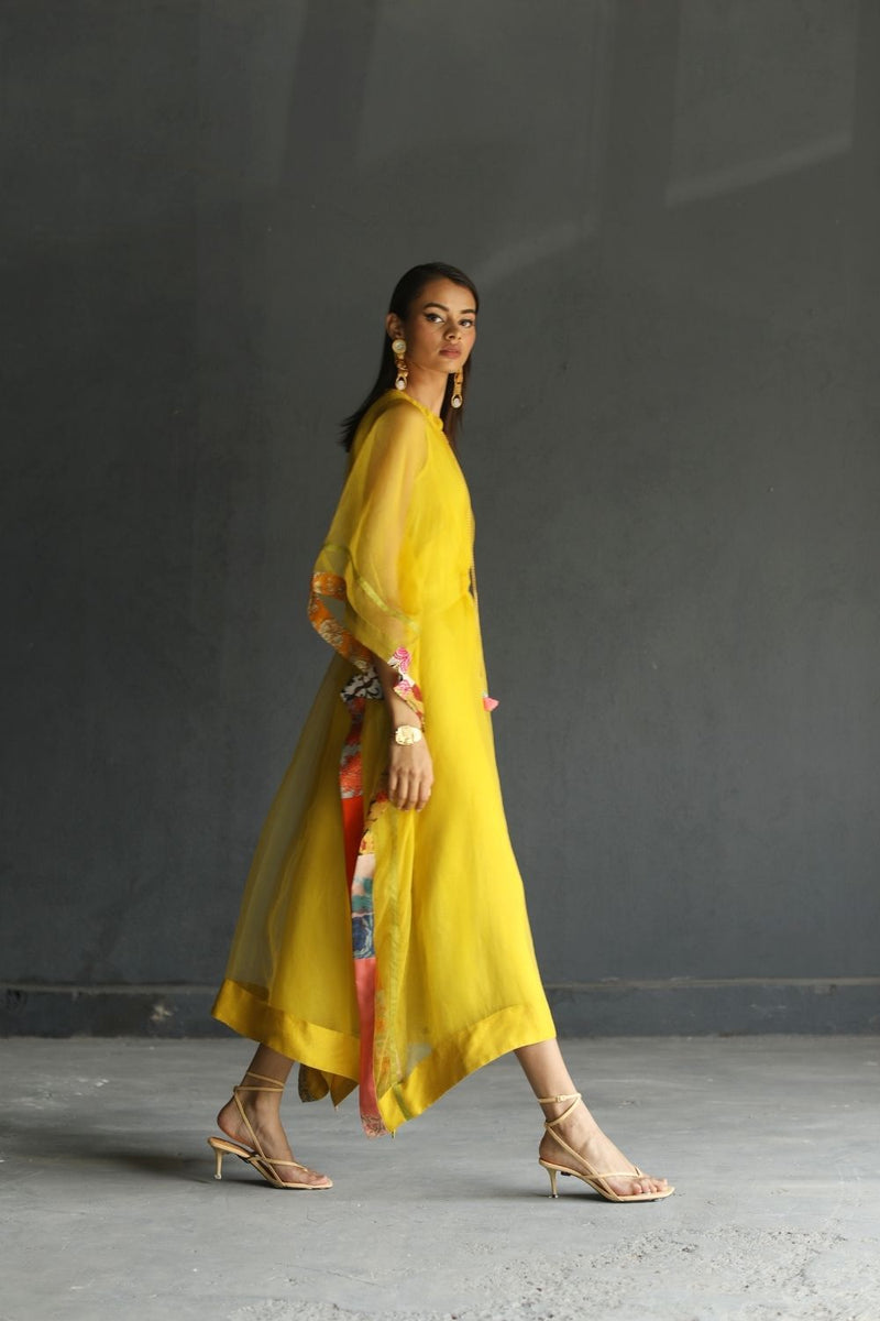 LOVE TO DOT YELLOW ORGANZA KAFTAN Top & Tunics,Kurta Sets by Rajiramniq for women Worldwide