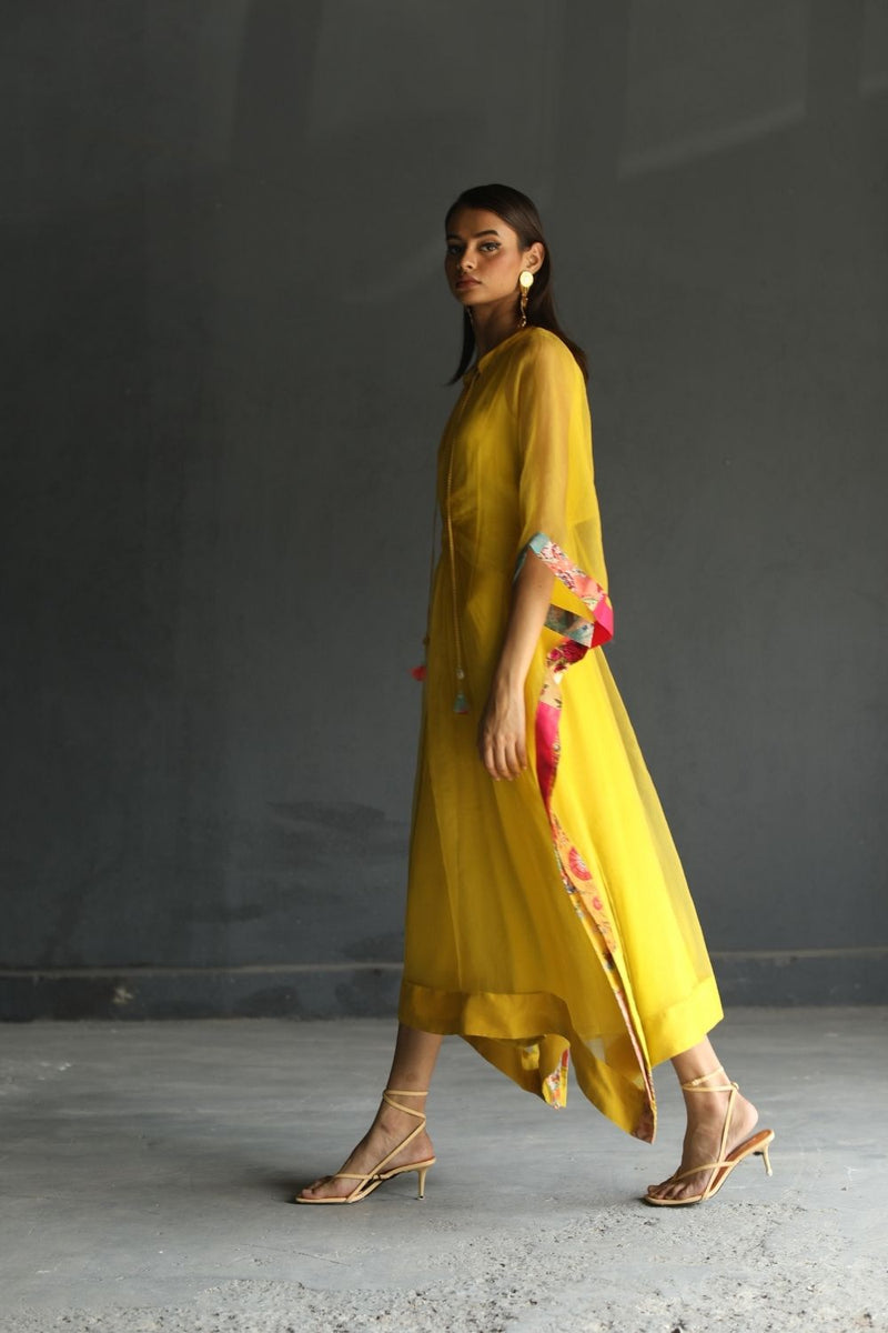 LOVE TO DOT YELLOW ORGANZA KAFTAN Top & Tunics,Kurta Sets by Rajiramniq for women Worldwide