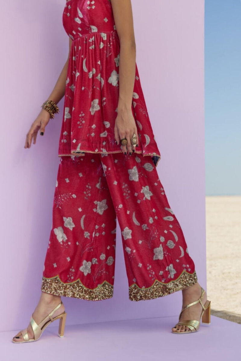 MAGENTA PRINTED SILK VELVET PUCKERING KURTA SET Kurta Sets by Rajiramniq for women Worldwide