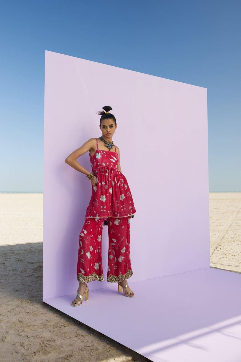 MAGENTA PRINTED SILK VELVET PUCKERING KURTA SET Kurta Sets by Rajiramniq for women Worldwide