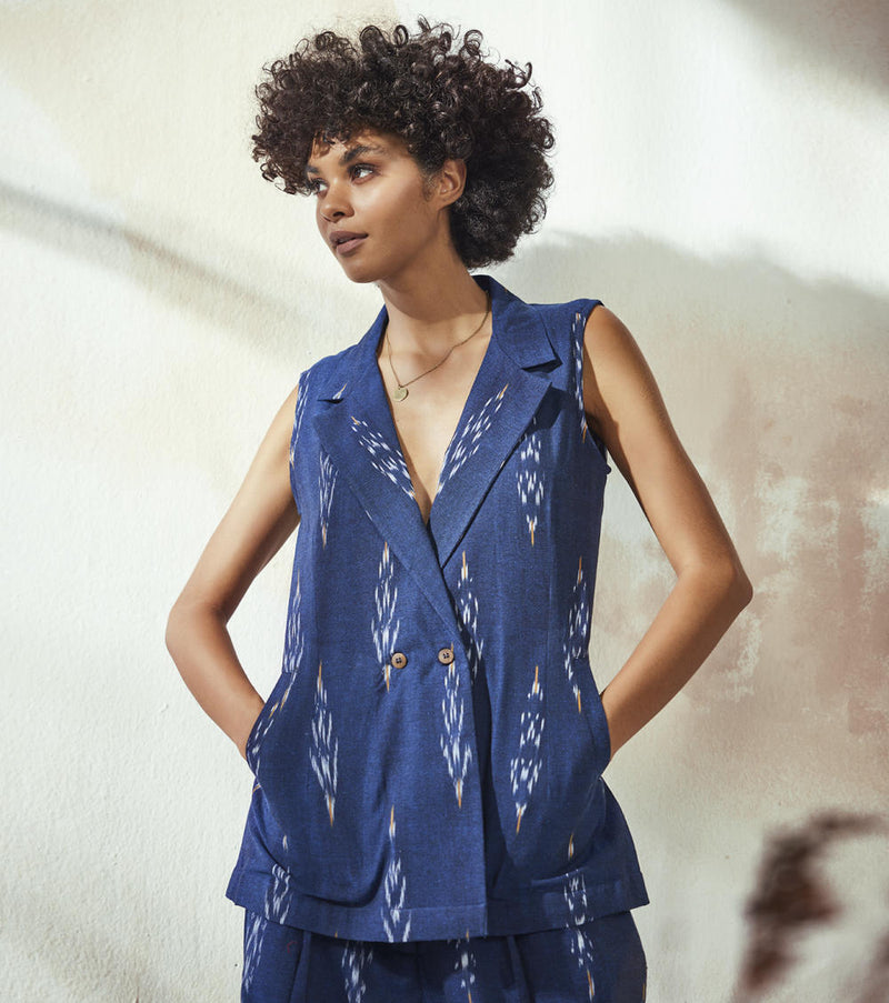 Marine Blue Ikat Co-ord Set Co-ord Set by Khara Kapas for women Worldwide