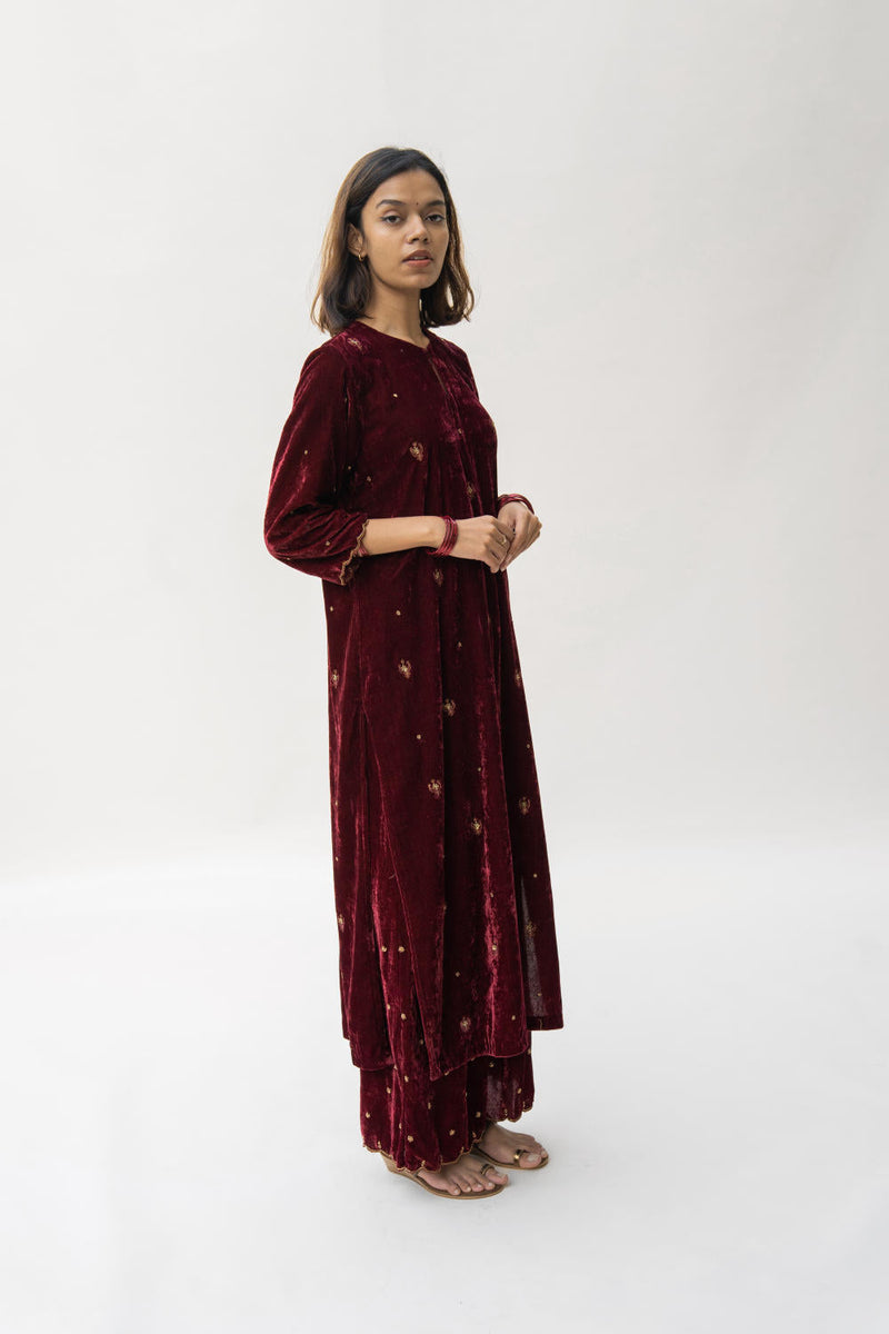 Maroon Noorah Velvet kurta set Kurta Sets by Nirjara for women Worldwide