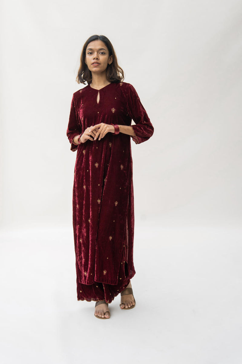 Maroon Noorah Velvet kurta set Kurta Sets by Nirjara for women Worldwide