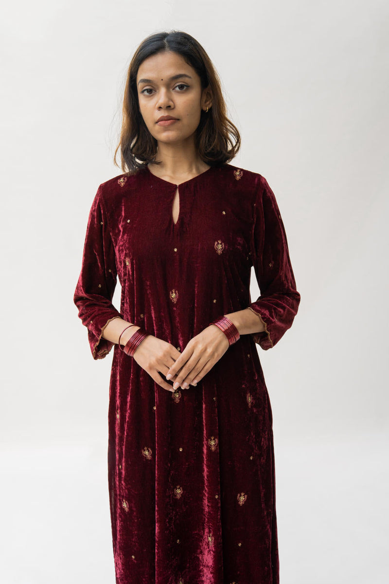 Maroon Noorah Velvet kurta set Kurta Sets by Nirjara for women Worldwide
