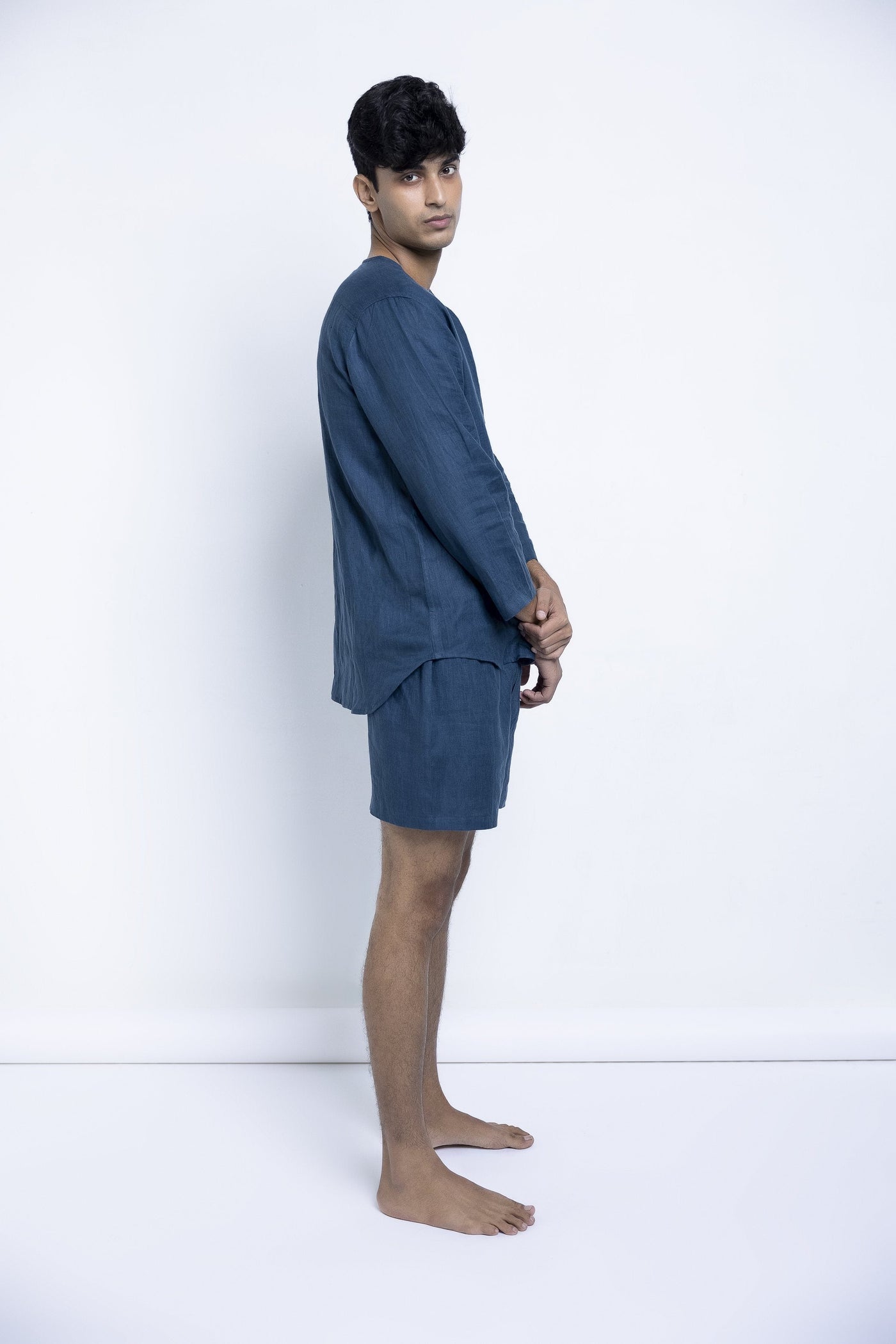 Men's Indigo Linen Short Set Men Saphed