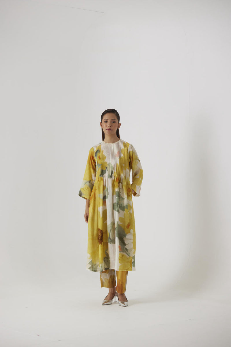 MIMOSA PINTUCKS KURTA SET silk by Yam in yellow color for women Worldwide