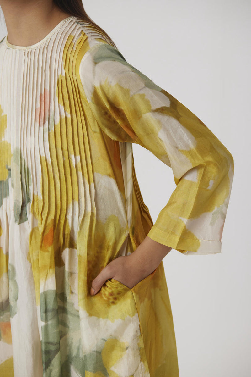 MIMOSA PINTUCKS KURTA SET silk by Yam in yellow color for women Worldwide