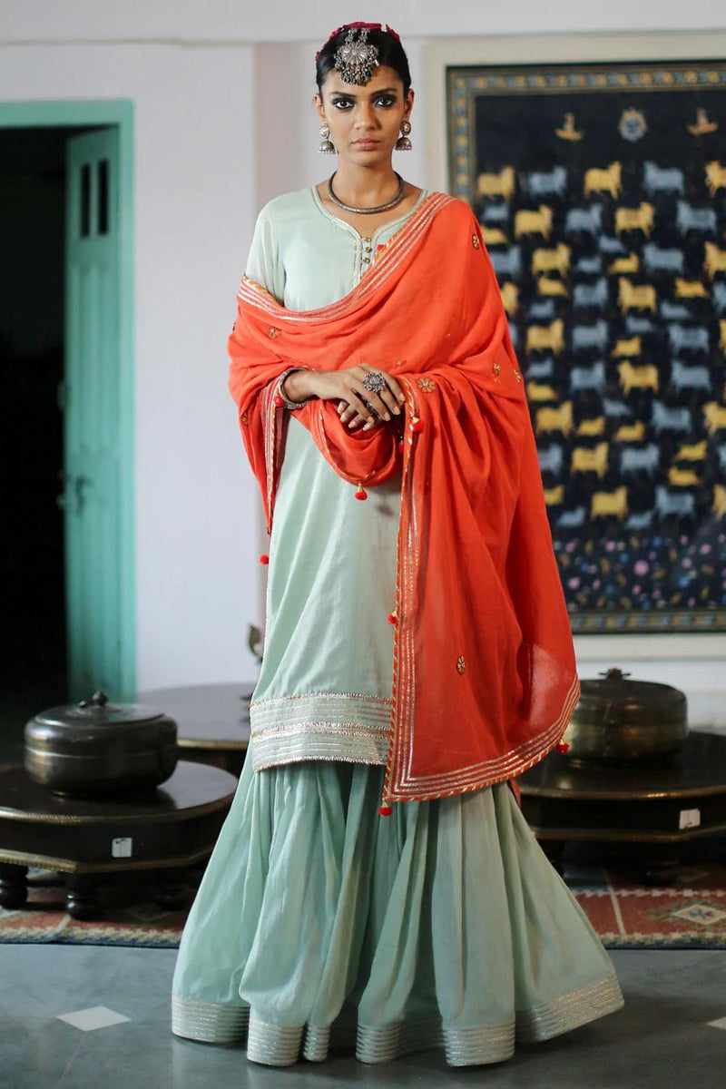 MINT & TANGERINE SHARARA SET Kurta Sets by Khara Kapas for women Worldwide