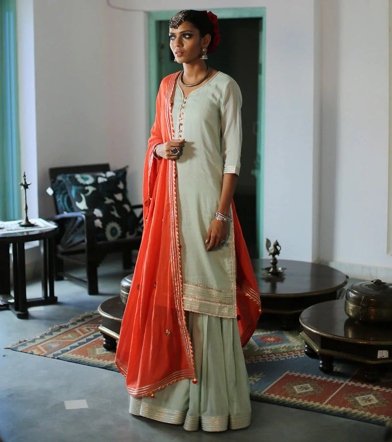 MINT & TANGERINE SHARARA SET Kurta Sets by Khara Kapas for women Worldwide