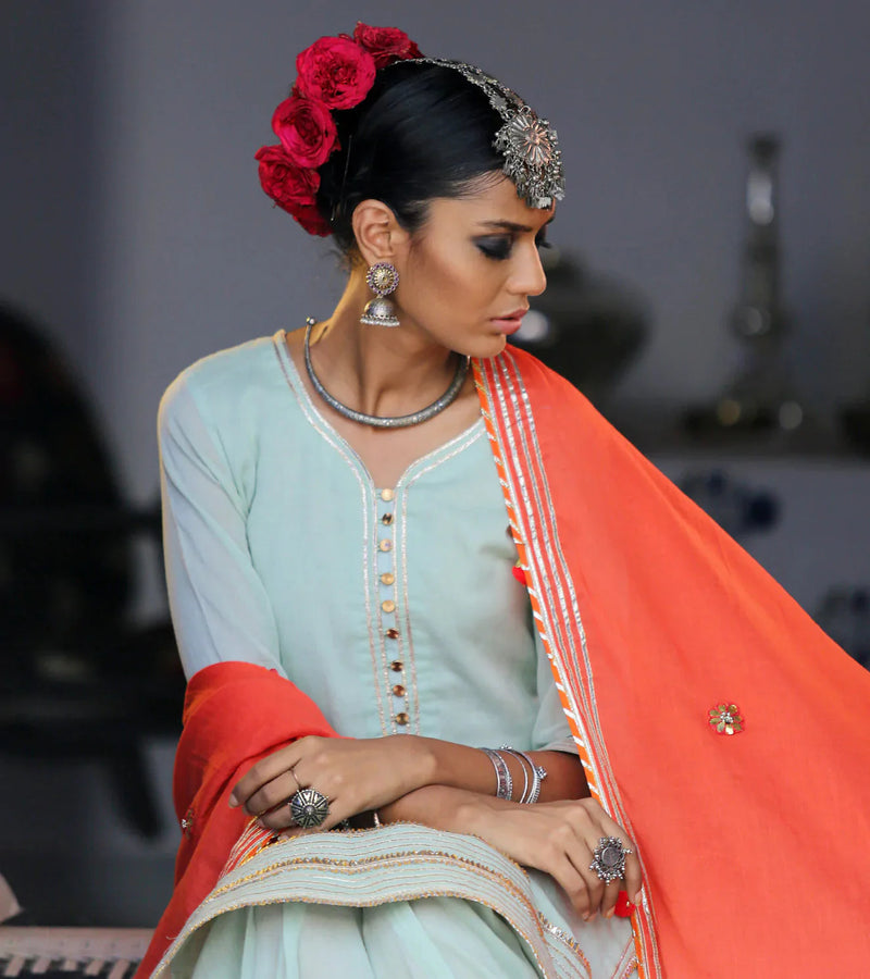 MINT & TANGERINE SHARARA SET Kurta Sets by Khara Kapas for women Worldwide
