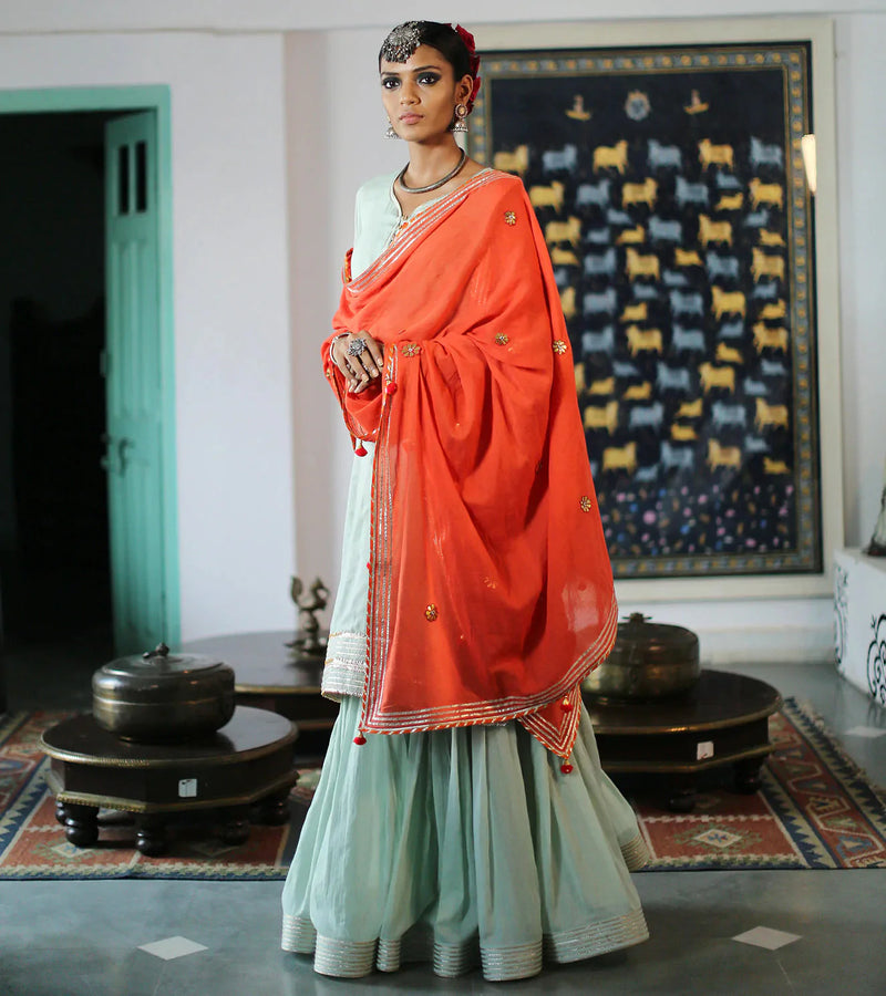 MINT & TANGERINE SHARARA SET Kurta Sets by Khara Kapas for women Worldwide