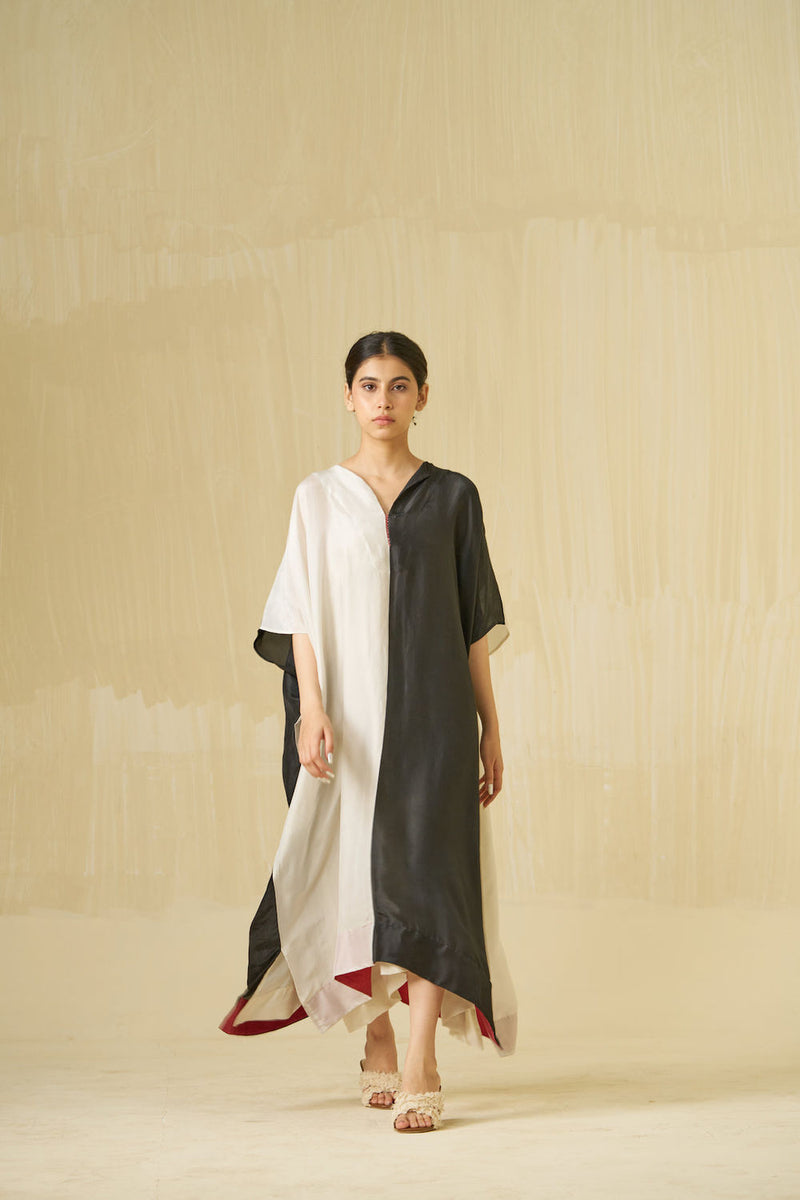 Moon Dress-Silver + Black upada silk dress by Stoique in silver, black for women Worldwide