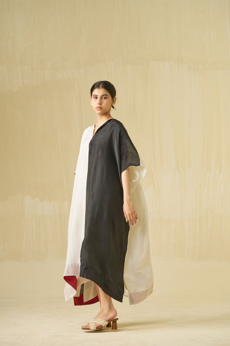 Moon Dress-Silver + Black upada silk dress by Stoique in silver, black for women Worldwide