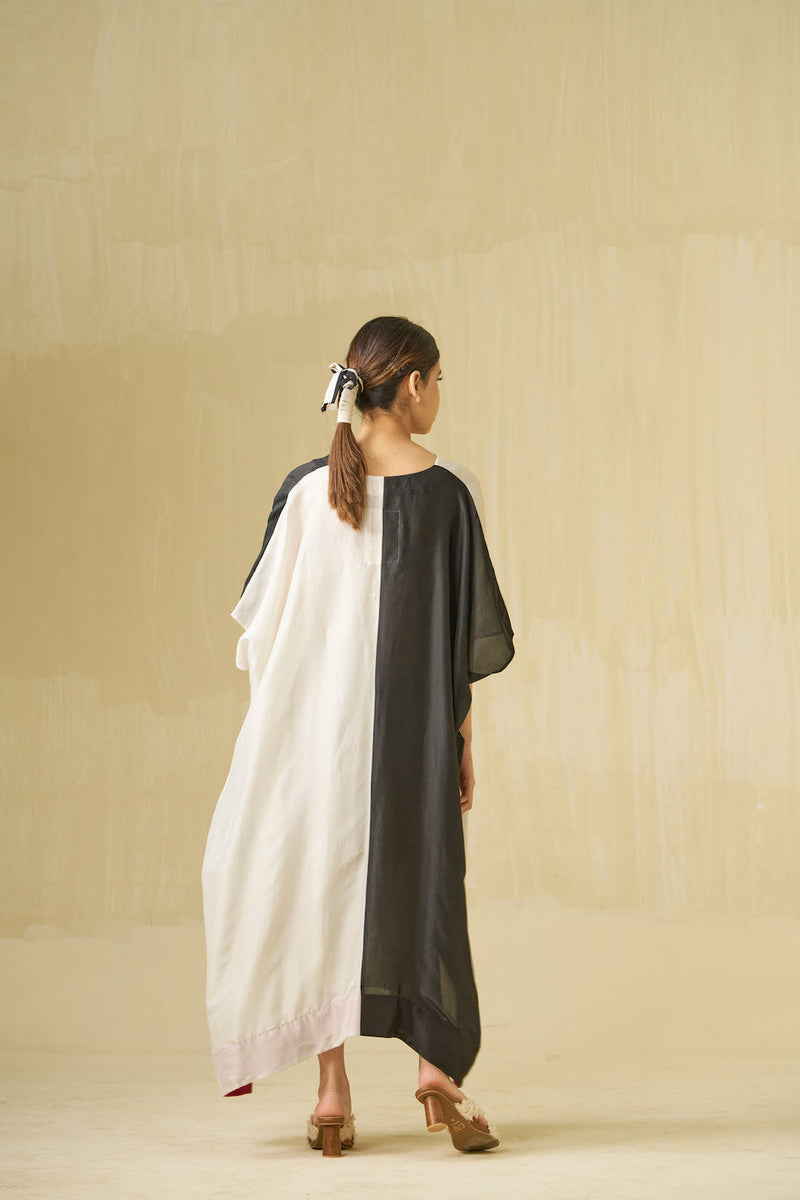Moon Dress-Silver + Black upada silk dress by Stoique in silver, black for women Worldwide