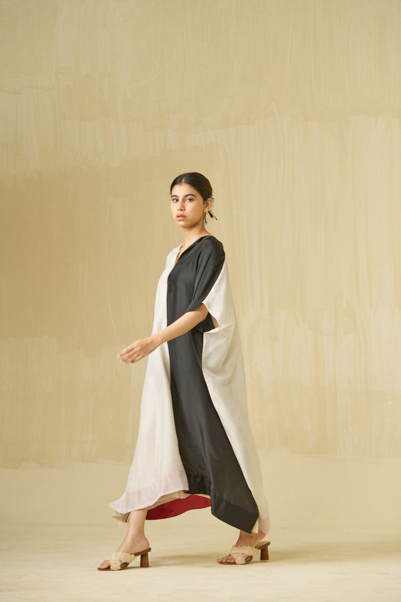 Moon Dress-Silver + Black upada silk dress by Stoique in silver, black for women Worldwide
