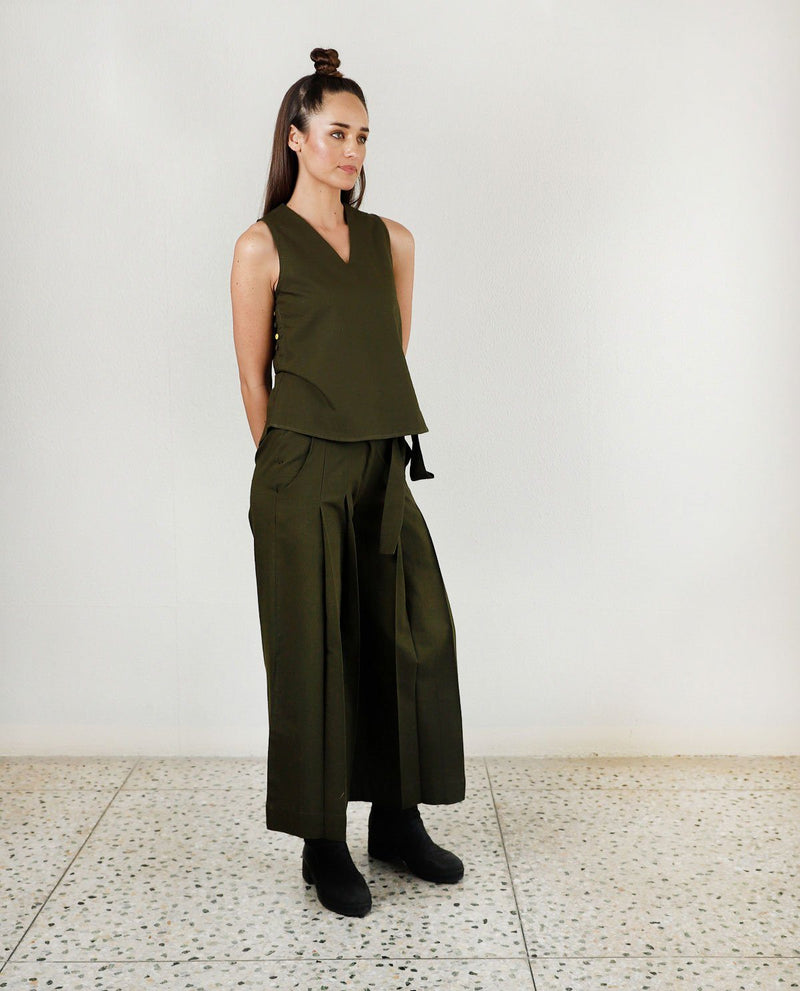 Moss olive double pleat pants Bottoms by Rias for women Worldwide